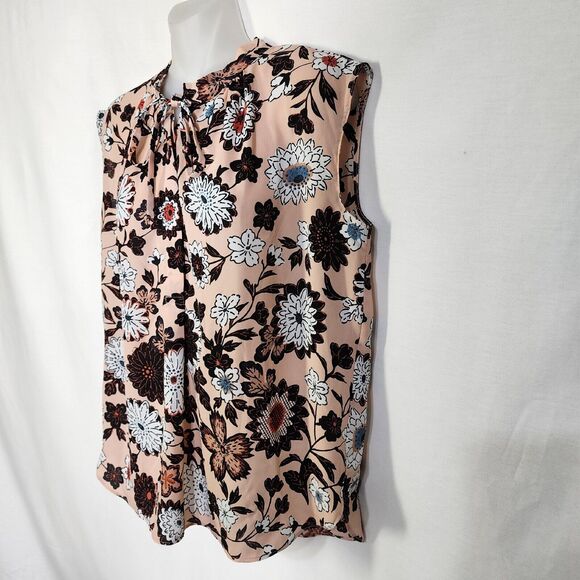 Ann Taylor Loft Womens Top Small Pink Floral Popover Tie Neck Career Sleeveless - Picture 5 of 10